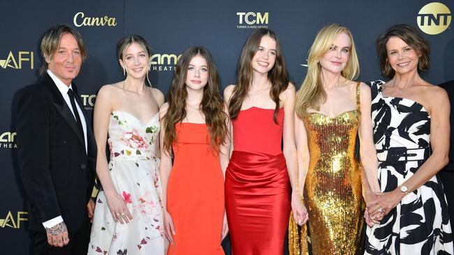 Nicole Kidman with her family (from left to right); husband Keith Urban, daughters Sunday and Faith, niece Sybella and sister Antonia Kidman. Picture: Valerie Macon / AFP