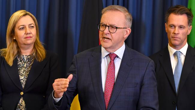 Prime Minister Anthony Albanese with Queensland Premier Annastacia Palaszczuk and NSW Premier Chris Minns after the national cabinet meeting. Picture: NCA NewsWire/John Gass