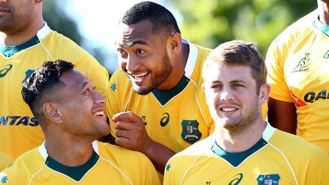 Israel Folau chats (left) with Wallabies teammate Sekope Kepu. Picture Adam Head