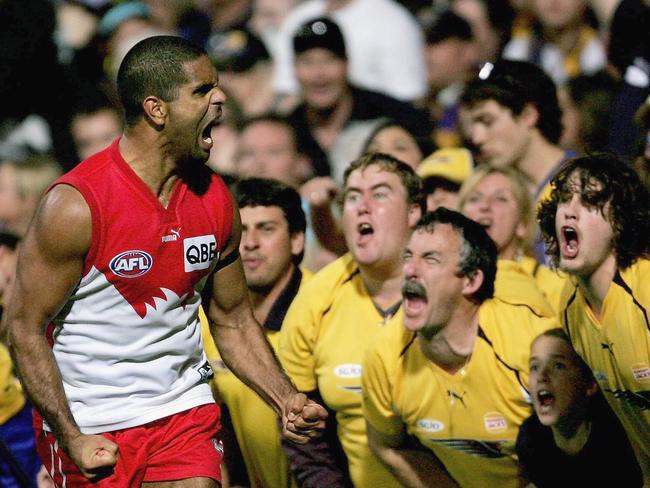 The iconic 2006 photograph of O’Loughlin and angry West Coast fans. Picture: Getty Images