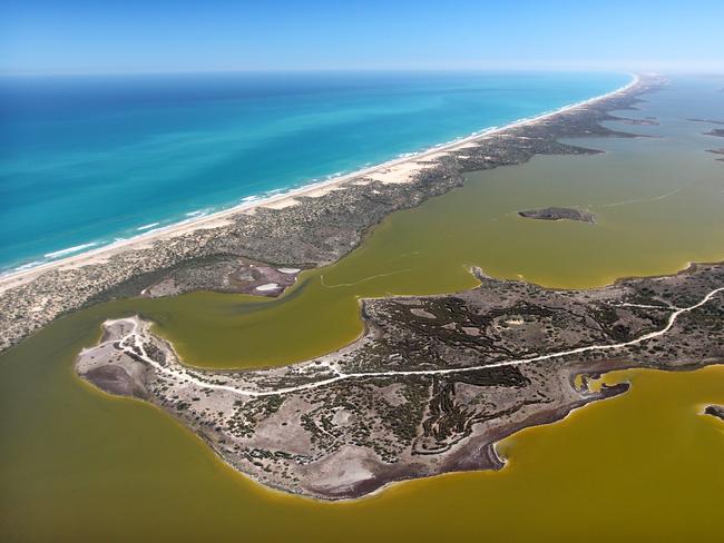 An aerial shot of the Southern Lagoon in the Coorong.