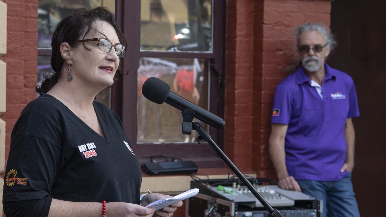 Genevieve Allpass speaking at the 2021 Labour Day flag raising ceremony held at the Toowoomba Railway precinct. Picture: Nev Madsen