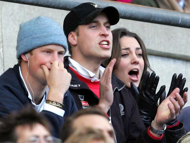 Prince William (C), Kate Middleton and Prince Harry watch a Six Nations rugby match in 2007. Picture: AP