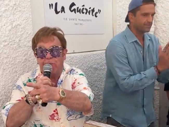 Elton John debuted his new song with Britney Spears at a Cannes restaurant. Picture: Instagram