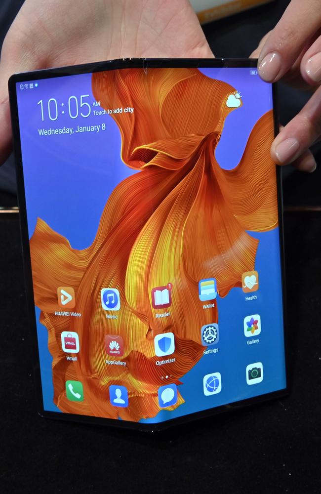 The Huawei Mate X foldable mobile device is displayed at the Huawei booth during CES 2020 at the Las Vegas Convention Center on January 8, 2020 in Las Vegas, Nevada. Picture: David Becker