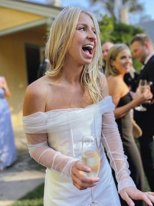 Collar-bomb victim Maddie Pulver in her wedding dress. Picture: Supplied