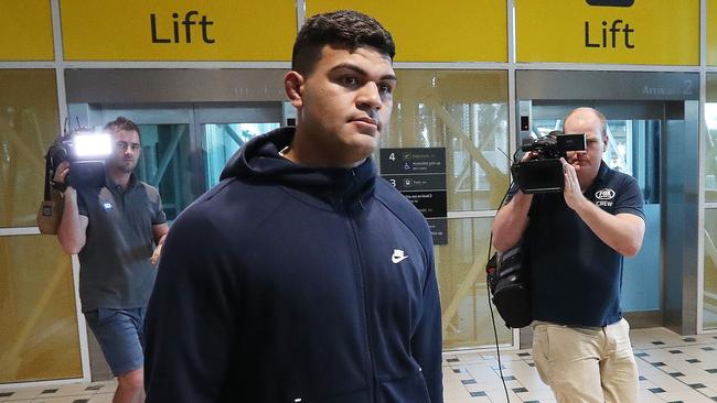 David Fifita arrives back in Brisbane after his arrest in Bali. Picture: Liam Kidston.