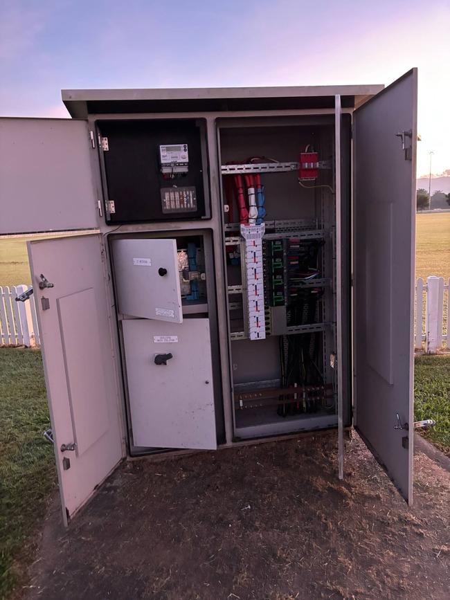 Damage to the switchboard following the break-and-enter at the Walker Road Sporting Precinct on April 30, 2025. Source: Supplied by Keiren O’Brien