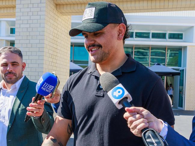 Daily Telegraph. 27, August, 2024.Latrell Mitchell leaves the South Sydney Rabbitohs HQ, at the Heffron Centre, Maroubra, today, after fronting the board over the white powder incidentPicture: Justin Lloyd.