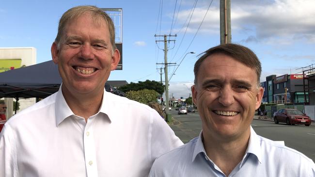 FORDE candidates: sitting MP Bert van Manen (LNP) with ALP’s Des Hardman, a radiographer at Logan Hospital. Picture: Judith Kerr 