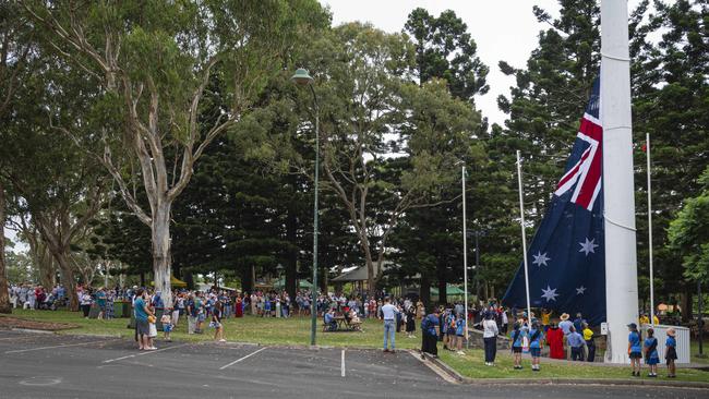 The giant Australian flag is raised as part of Toowoomba Australia Day celebrations at Picnic Point, Sunday, January 26, 2025. Picture: Kevin Farmer