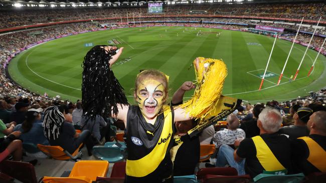 Tigers fan Ella gets excited as Richmond hits the lead. Picture: Annette Dew