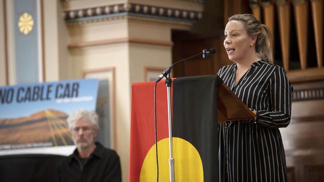 Anti-Cable Car Meeting at Hobart Town Hall, TAC campaign coordinator Nala Mansell. Picture: Chris Kidd