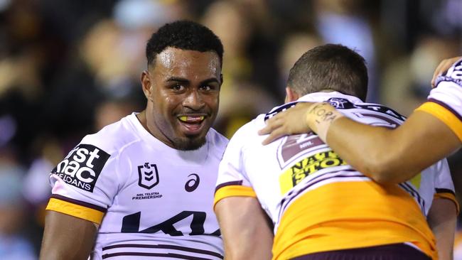 Broncos star Ezra Mam scored one of the tries of the season, putting Corey Oates into space before finishing the try off himself. Picture: Getty Images.