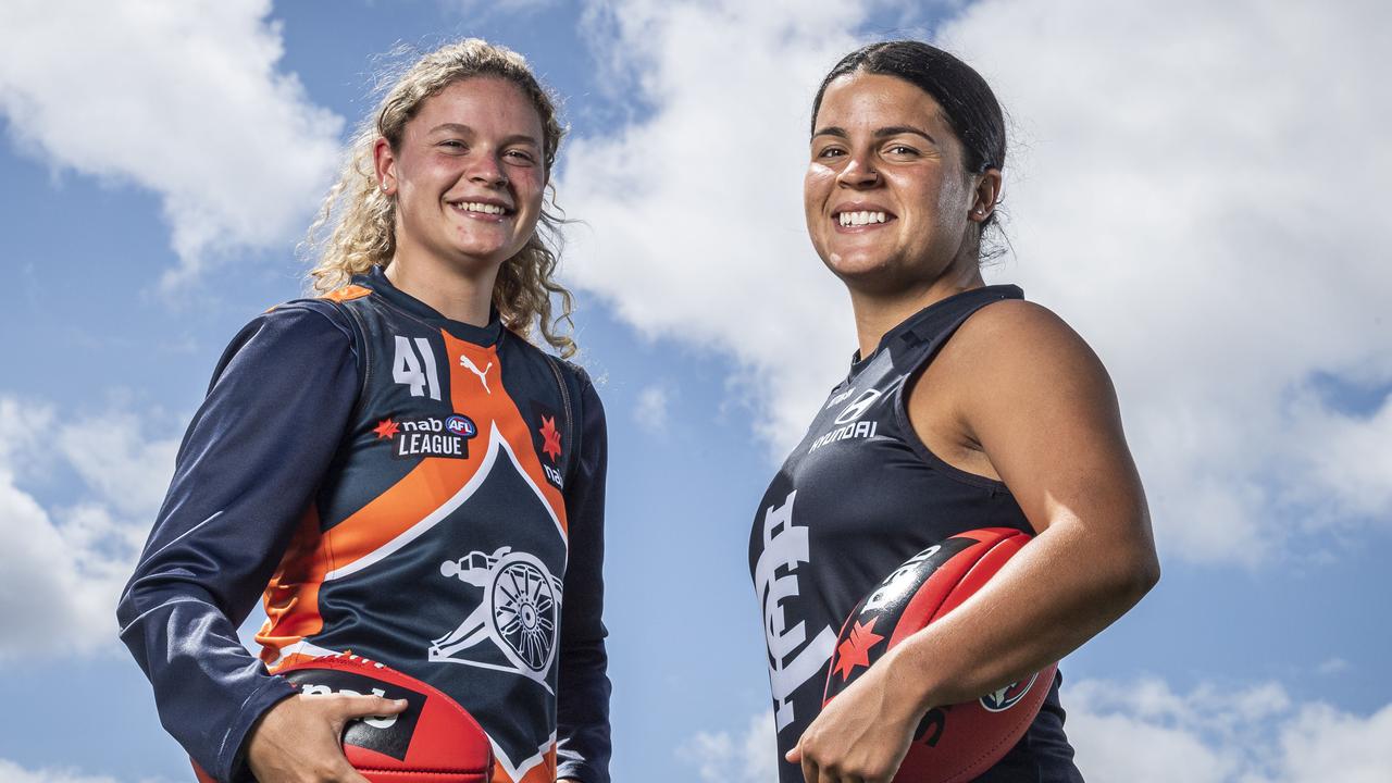 Carlton AFLW star Maddy Prespakis and her sister Georgie. Georgie won the NAB League Girls best and fairest with Calder Cannons in 2019 and is eligible to be drafted to the AFLW this year. Picture: Jake Nowakowski