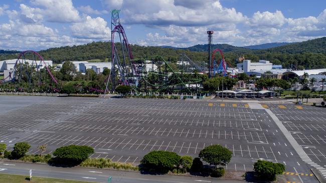 The empty car park at Warner Bros. Movie World in Oxenford. Picture: Jerad Williams