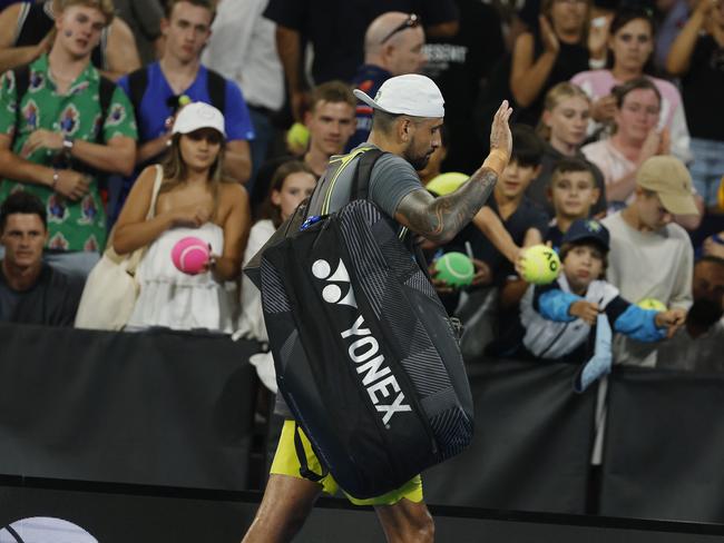 Nick Kyrgios walks off in his last singles game at Melbourne Park. Picture: Michael Klein