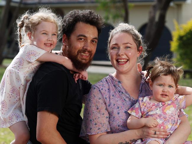 Megan and Paul Bell, with their kids Kyla, 3 and Arnika , 1, have just started the search for a new home, Sunnybank Hills. Picture: Liam Kidston