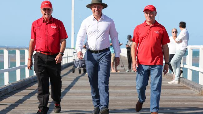 Premier Steven Miles visits Urangan Pier in Hervey Bay with Bruce Saunders, and Adrian Tantari MP for Hervey Bay. Pics Adam Head