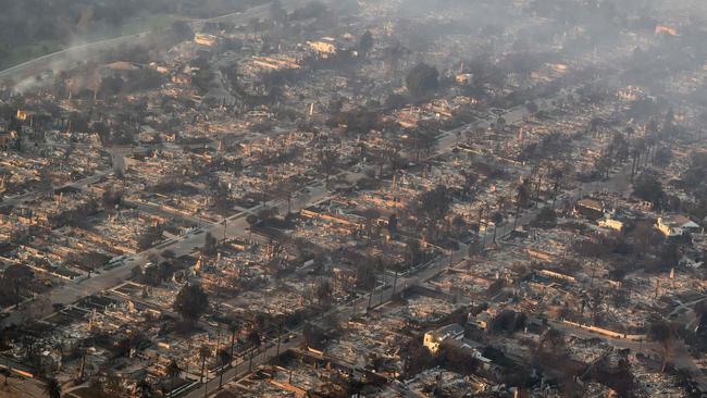 Burned homes are seen from above during the Palisades fire. Picture: AFP