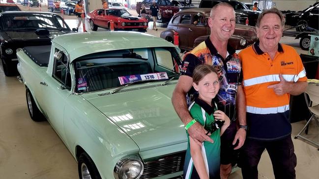 Angus Coggan with daughter Harper, 11, and Owen Webb at scrutineering on Wednesday, April 5. Photos: Kentos Komms