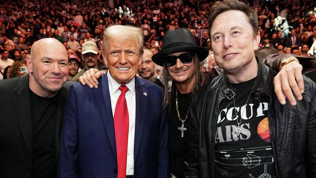 NEW YORK, NEW YORK - NOVEMBER 16: (L-R) Joe Rogan, President-elect Donald Trump, Kid Rock and Elon musk pose for a photo during the UFC 309 event at Madison Square Garden on November 16, 2024 in New York City. (Photo by Chris Unger/Zuffa LLC)