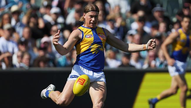 Harley Reid sends the Eagles forward. Picture: James Elsby/AFL Photos via Getty Images