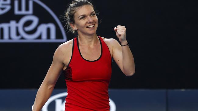 Simona Halep celebrates as a maiden slam titles beckons. Picture: AP