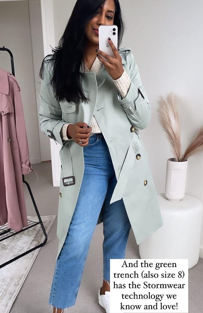 Fashion influencer Tina Abeysekara has sparked a colour debate over this M&S trench coat. Picture: Instagram/TrashtoTreasured