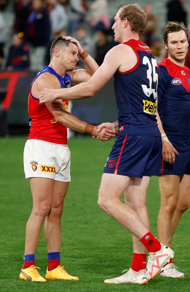 Brisbane’s Dayne Zorko and Demon Harrison Petty shake hands after Thursday night’s match at the MCG. Picture: Michael Willson/AFL Photos via Getty Images