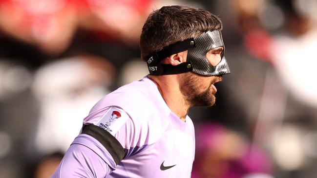 DOHA, QATAR - JANUARY 18: Mathew Ryan of Australia looks on whilst wearing a black armband in remembrance of Former Australia Player, Stephen Laybutt, during the AFC Asian Cup Group B match between Syria and Australia at Jassim Bin Hamad Stadium on January 18, 2024 in Doha, Qatar. (Photo by Robert Cianflone/Getty Images)