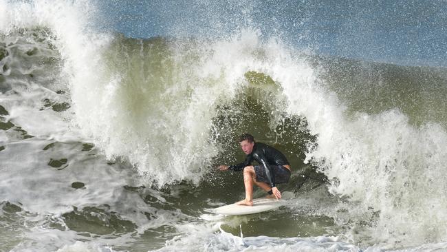 Surfers take on the cyclone swell on the Sunshine Coast. Picture: Facebook/Greg Barnett.