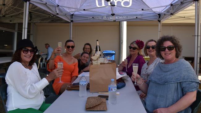 Madeleine Mincher, Janine Newton, Raign Creeper, Beale Stenher, Desli Adams, Carolyn Lorensen and Wendy Boraso at the 100 Club Cup race day 2023 in Gympie.