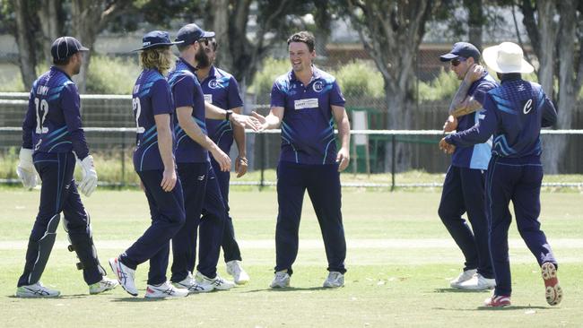 CSB: Clayton Districts players celebrate a wicket. Picture: Valeriu Campan