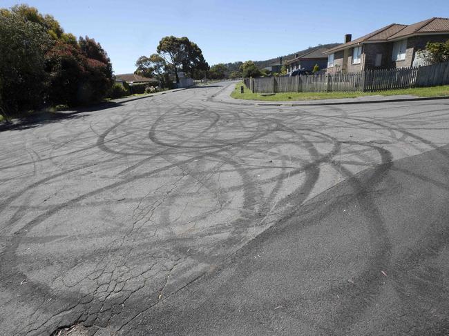 Burn out marks in a Clarendon Vale street.