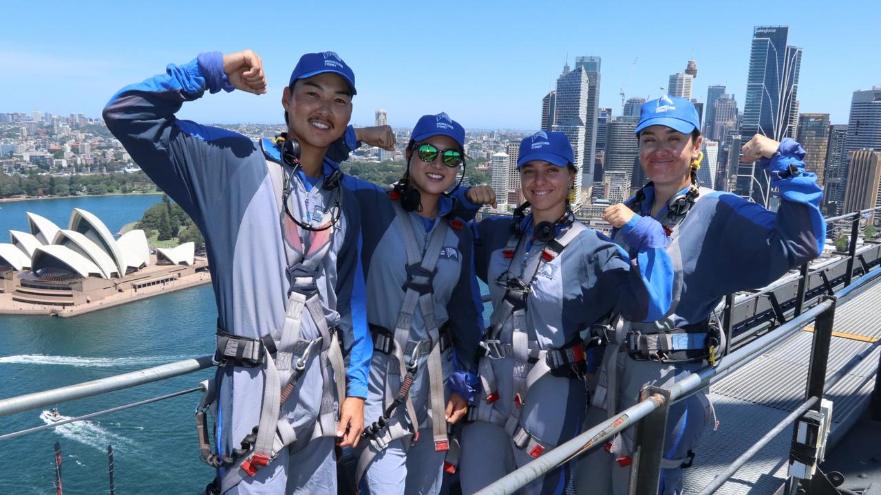 Min Woo Lee, Minjee Lee, Steph Kyriacou and Hannah Green atop the iconic Sydney Harbour Bridge. Picture: Destination NSW