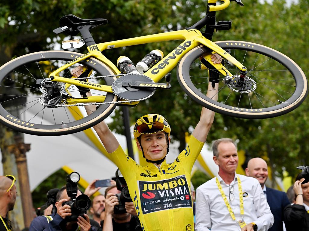 Jonas Vingegaard of Denmark and Team Jumbo-Visma celebrates as the overall winner of the Tour de France for a second consecutive year. Picture: Marco Bertorello - Pool/Getty Images