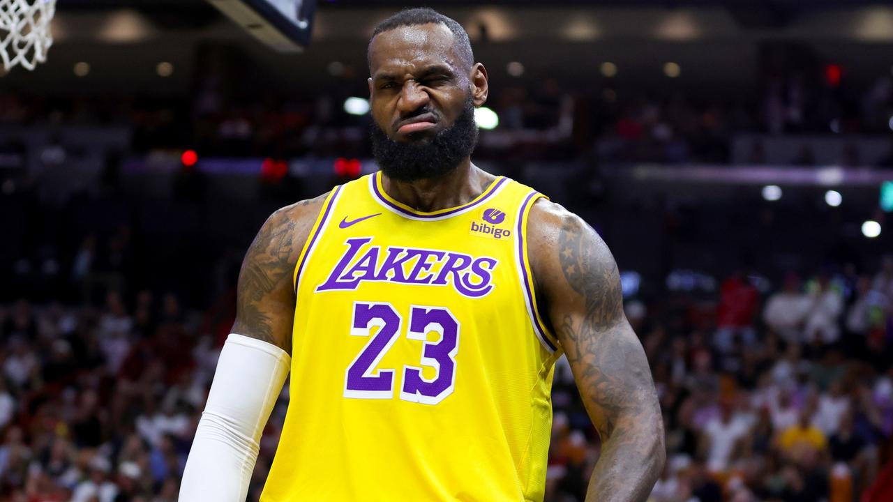 LeBron reacts to getting fouled against the Heat. Photo by Megan Briggs/Getty Images