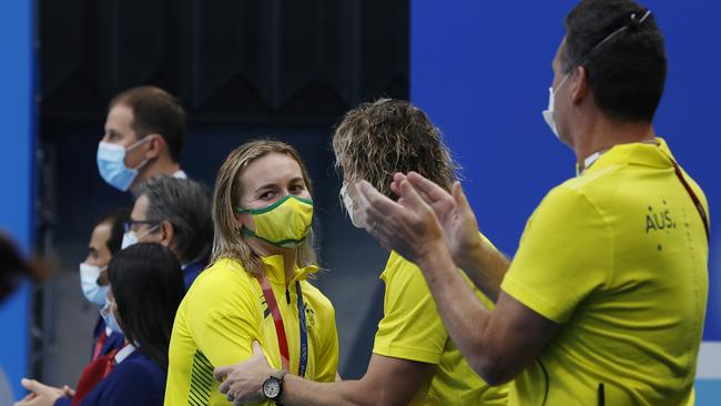 Ariarne Titmus hugs her coach Dean Boxall after the medal presentation in the women’s 800m freestyle. Picture: Alex Coppel