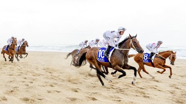 The spectacular annual Magic Millions beach run at Surfers Paradise. Picture: Luke Marsden