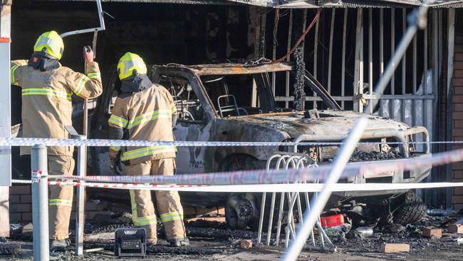 A milk bar in Meadow Heights was burned to the ground after a ute drove into it in the early hours of Saturday morning. Picture: Tony Gough
