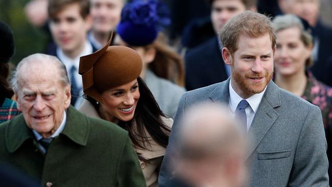 Prince Philip, Duke of Edinburgh, Meghan Markle and Prince Harry attend the Royal Family's traditional Christmas Day church service in 2017. Picture: AFP