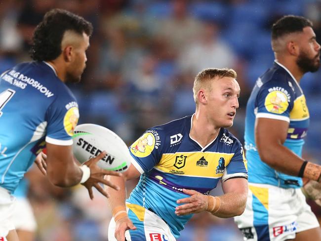 GOLD COAST, AUSTRALIA - FEBRUARY 19: Tanah Boyd of the Titans passes during the NRL trial match between the Gold Coast Titans and the Brisbane Broncos at Cbus Super Stadium on February 19, 2022 in Gold Coast, Australia. (Photo by Chris Hyde/Getty Images)