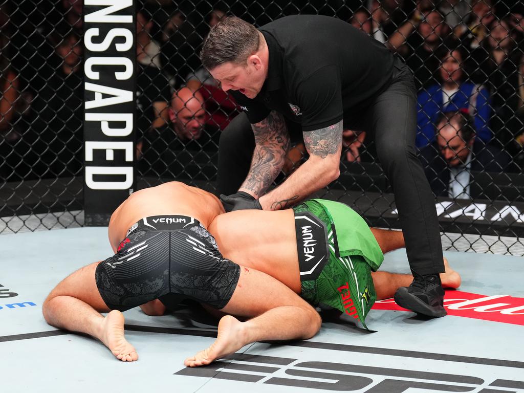 Ortega chokes out Rodriguez. Picture: Josh Hedges/Zuffa LLC via Getty Images