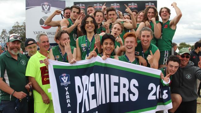 Gembrook Cockatoo’s under-18s celebrate their premiership win.  Picture: Bethany Hutchison