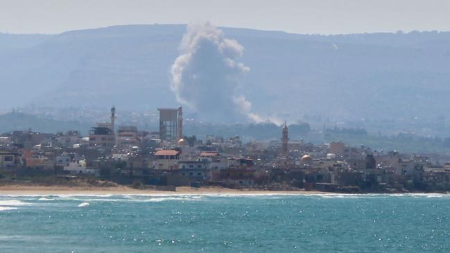 Smoke billows from the site of an Israeli air strike on the area of Burj al-Shamali in southern Lebanon. Picture: Kawnat Haju/AFP