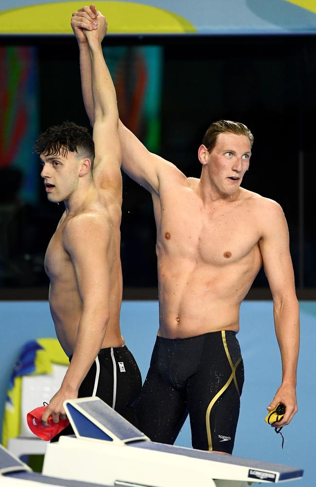 Mack Horton with England bronze medallist Guy James. Picture: Quinn Rooney/Getty Images