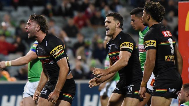 Jaeman Salmon celebrates a try for the Panthers. Picture: NRL Photos