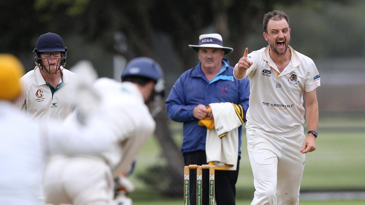 Grovedale's Gareth Yelland successfully appeals for the wicket of South Barwon's Jayden Hicks. Picture: Mike Dugdale