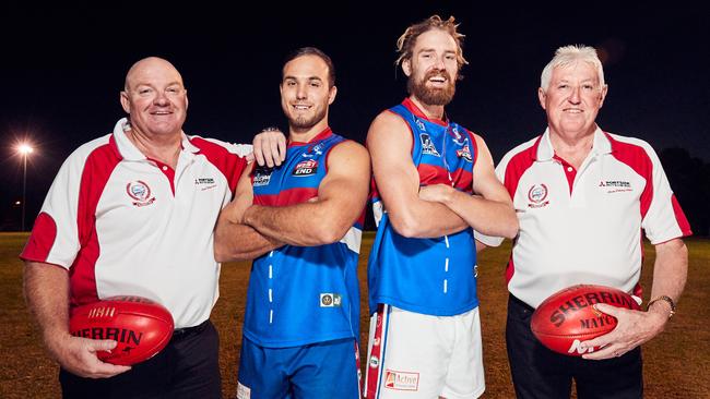 Rosewater coach Wayne Mahney, players James Deeley-Godfrey and Jonathan Mahney and president John Reardon. Picture: AAP/Matt Loxton.